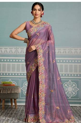 lavender embroidered silk blend kasavu saree with blouse