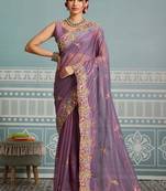 lavender embroidered silk blend kasavu saree with blouse