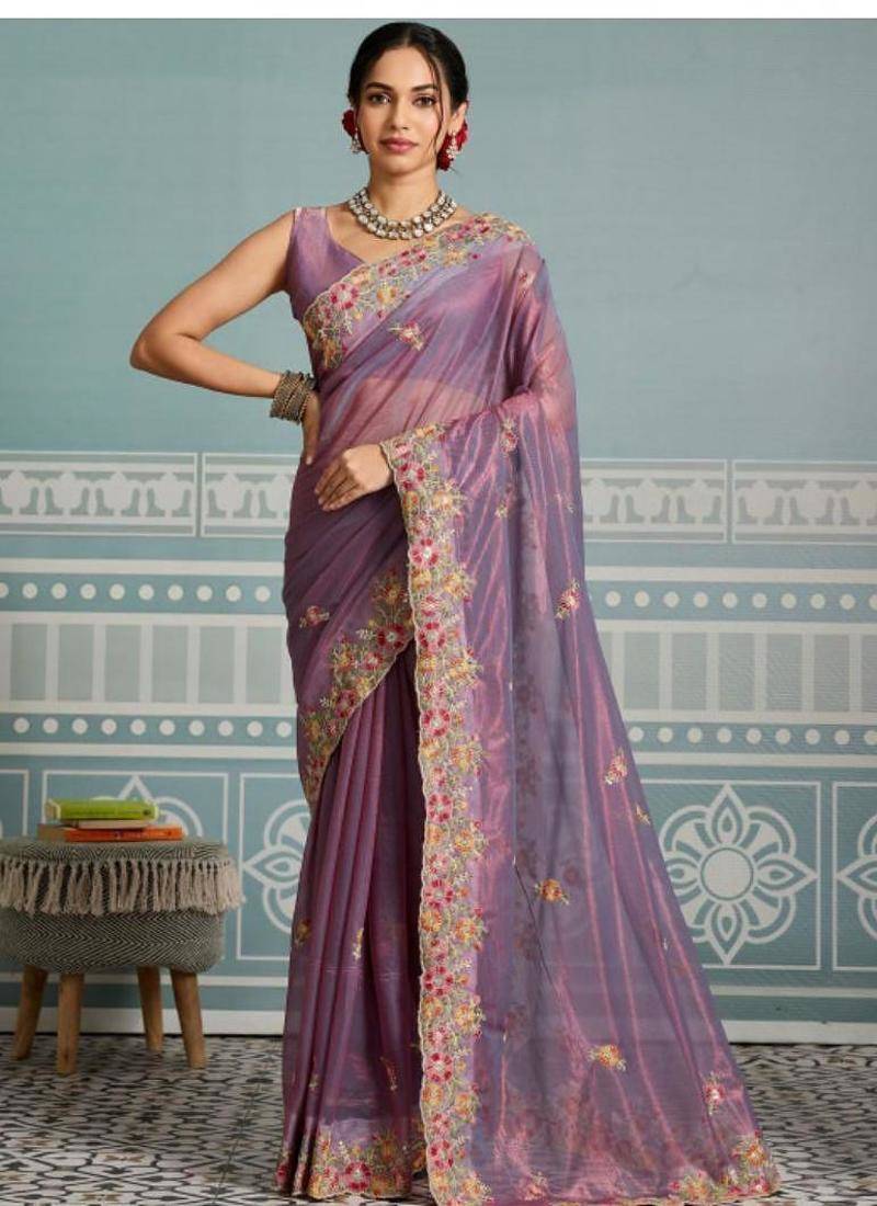 lavender embroidered silk blend kasavu saree with blouse
