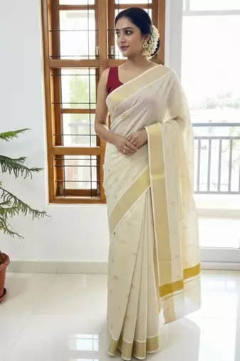 cream embroidered pure cotton kasavu saree with blouse