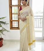 cream embroidered pure cotton kasavu saree with blouse