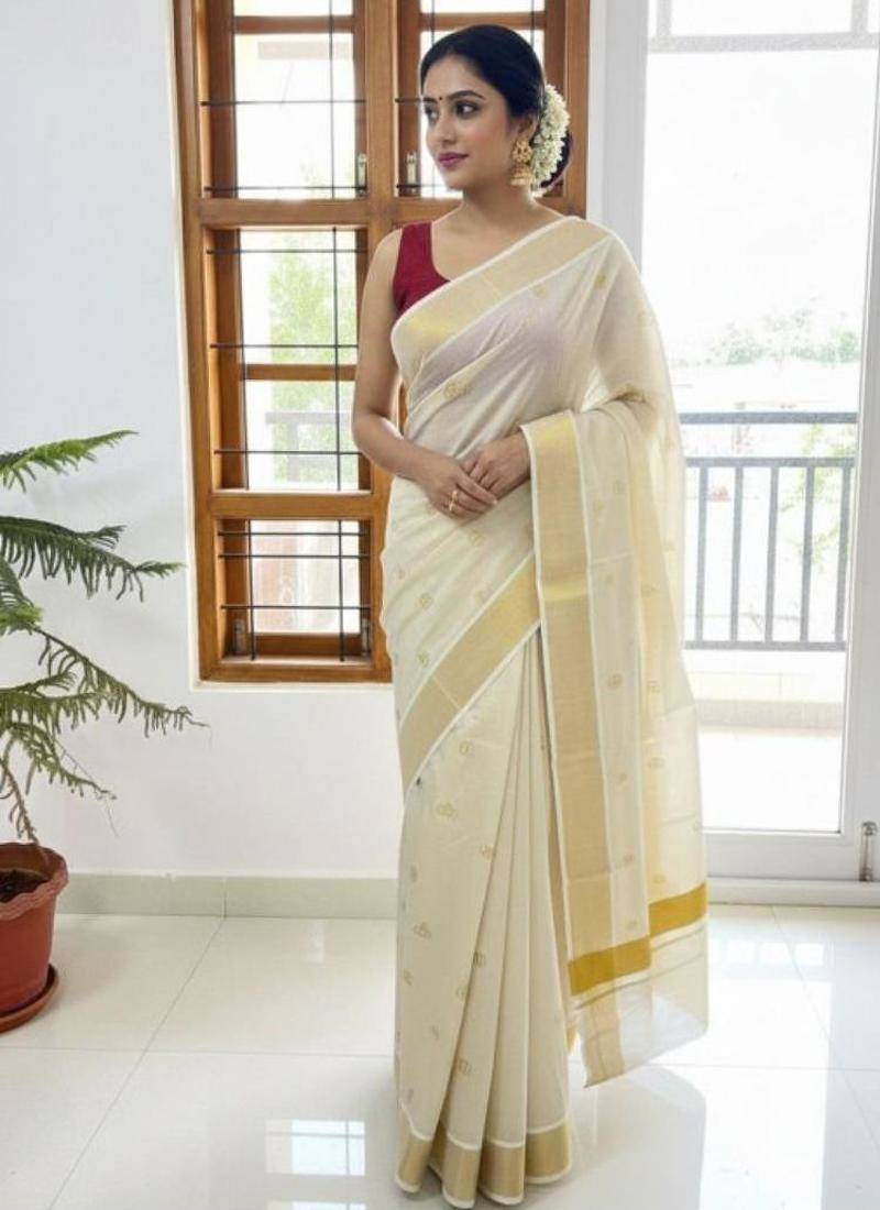cream embroidered pure cotton kasavu saree with blouse