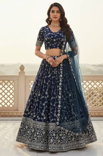 Awesome Blue Zari and Sequins Embroidered Georgette indian designer wedding Lehenga Choli dress