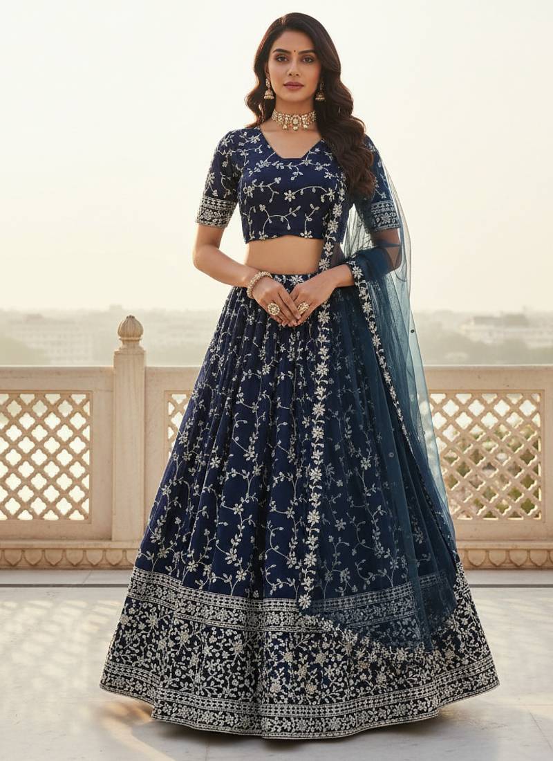 Awesome Blue Zari and Sequins Embroidered Georgette indian designer wedding Lehenga Choli dress