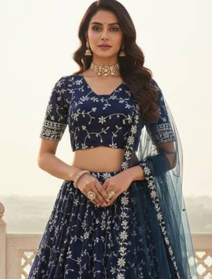 Awesome Blue Zari and Sequins Embroidered Georgette indian designer wedding Lehenga Choli dress 2