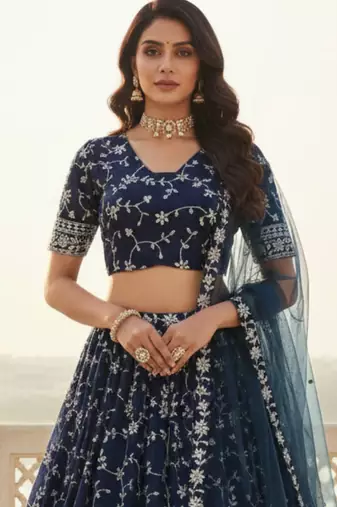 Awesome Blue Zari and Sequins Embroidered Georgette indian designer wedding Lehenga Choli dress