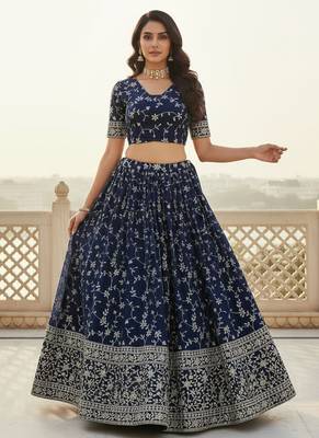 Awesome Blue Zari and Sequins Embroidered Georgette indian designer wedding Lehenga Choli dress 3