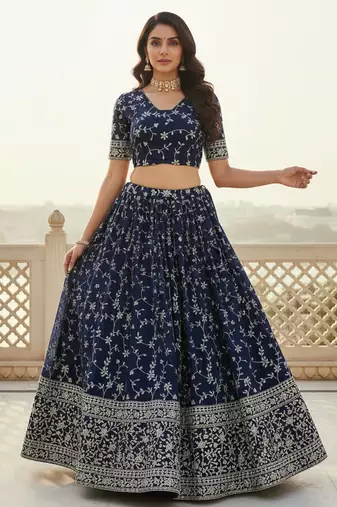 Awesome Blue Zari and Sequins Embroidered Georgette indian designer wedding Lehenga Choli dress