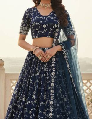 Awesome Blue Zari and Sequins Embroidered Georgette indian designer wedding Lehenga Choli dress 4