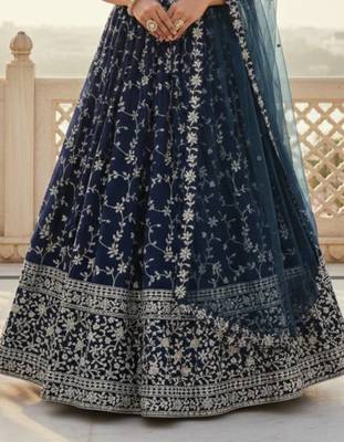 Awesome Blue Zari and Sequins Embroidered Georgette indian designer wedding Lehenga Choli dress 5