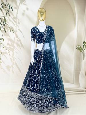 Awesome Blue Zari and Sequins Embroidered Georgette indian designer wedding Lehenga Choli dress 6