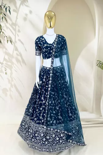Awesome Blue Zari and Sequins Embroidered Georgette indian designer wedding Lehenga Choli dress