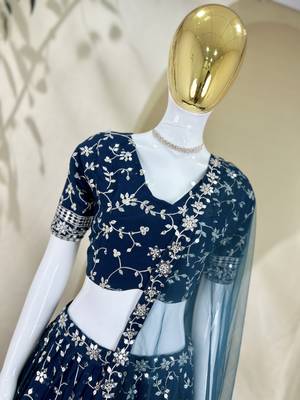 Awesome Blue Zari and Sequins Embroidered Georgette indian designer wedding Lehenga Choli dress 7