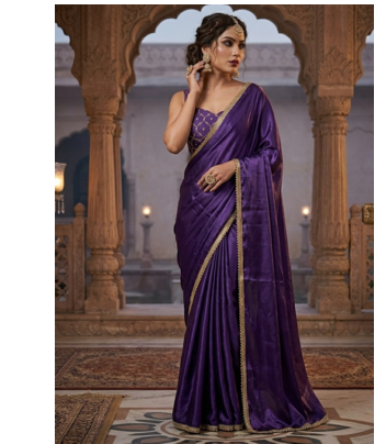 Designer Chinon Saree Decorated With Readymade Gold Sequence Lace  And Sequence Embroidered Unstitched  Blouse Piece 1
