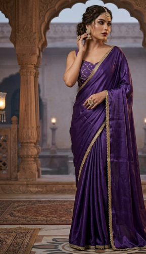 Designer Chinon Saree Decorated With Readymade Gold Sequence Lace  And Sequence Embroidered Unstitched  Blouse Piece