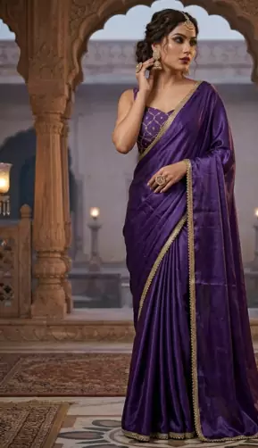 Designer Chinon Saree Decorated With Readymade Gold Sequence Lace  And Sequence Embroidered Unstitched  Blouse Piece