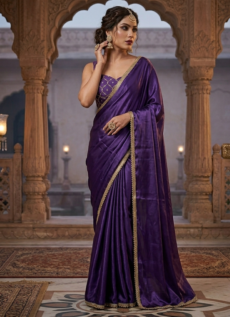 Designer Chinon Saree Decorated With Readymade Gold Sequence Lace  And Sequence Embroidered Unstitched  Blouse Piece