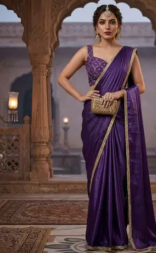 Designer Chinon Saree Decorated With Readymade Gold Sequence Lace  And Sequence Embroidered Unstitched  Blouse Piece