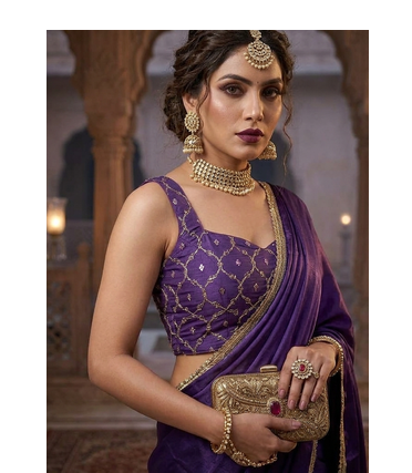 Designer Chinon Saree Decorated With Readymade Gold Sequence Lace  And Sequence Embroidered Unstitched  Blouse Piece 4