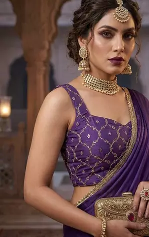 Designer Chinon Saree Decorated With Readymade Gold Sequence Lace  And Sequence Embroidered Unstitched  Blouse Piece