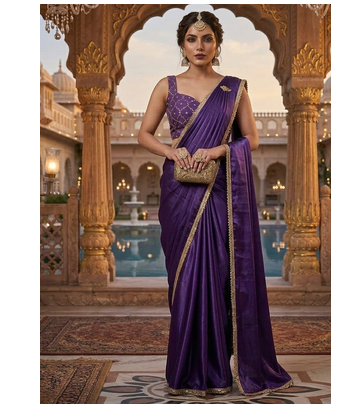 Designer Chinon Saree Decorated With Readymade Gold Sequence Lace  And Sequence Embroidered Unstitched  Blouse Piece 5