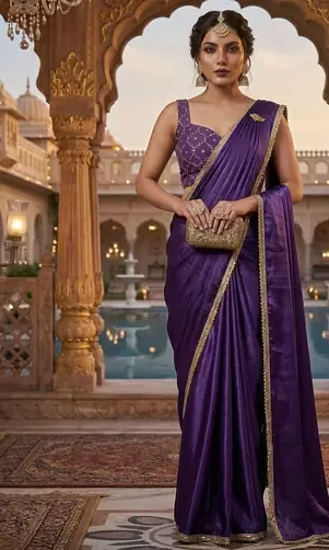 Designer Chinon Saree Decorated With Readymade Gold Sequence Lace  And Sequence Embroidered Unstitched  Blouse Piece