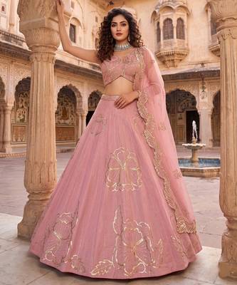 Baby pink Zari and Sequins Embroidered Fancy Fabric indian designer wedding Lehenga Choli dress 1