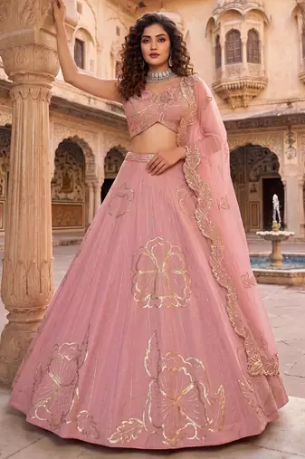 Baby pink Zari and Sequins Embroidered Fancy Fabric indian designer wedding Lehenga Choli dress