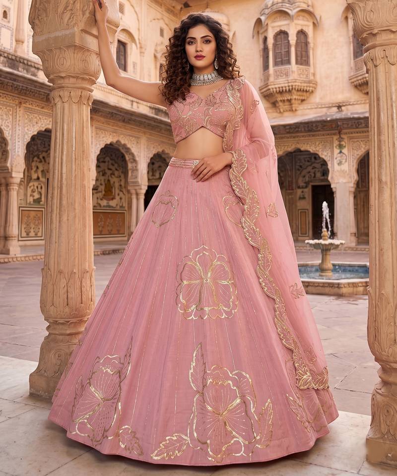 Baby pink Zari and Sequins Embroidered Fancy Fabric indian designer wedding Lehenga Choli dress