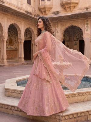 Baby pink Zari and Sequins Embroidered Fancy Fabric indian designer wedding Lehenga Choli dress 2