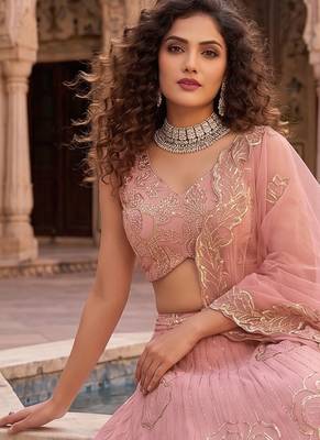 Baby pink Zari and Sequins Embroidered Fancy Fabric indian designer wedding Lehenga Choli dress 3