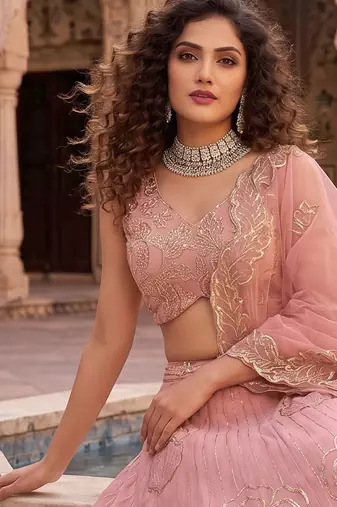 Baby pink Zari and Sequins Embroidered Fancy Fabric indian designer wedding Lehenga Choli dress