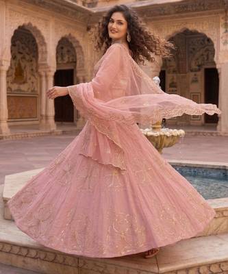 Baby pink Zari and Sequins Embroidered Fancy Fabric indian designer wedding Lehenga Choli dress 4