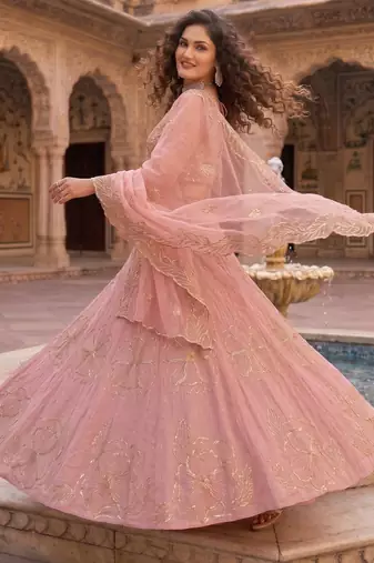 Baby pink Zari and Sequins Embroidered Fancy Fabric indian designer wedding Lehenga Choli dress