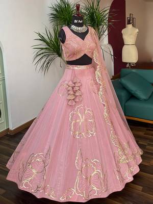 Baby pink Zari and Sequins Embroidered Fancy Fabric indian designer wedding Lehenga Choli dress 5
