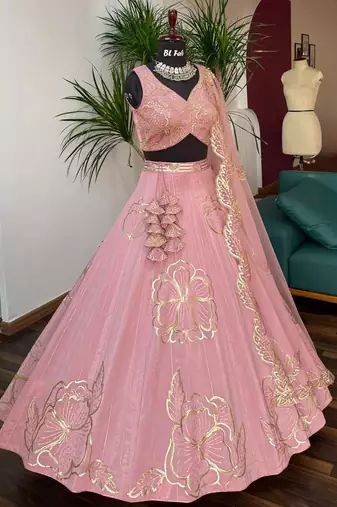 Baby pink Zari and Sequins Embroidered Fancy Fabric indian designer wedding Lehenga Choli dress