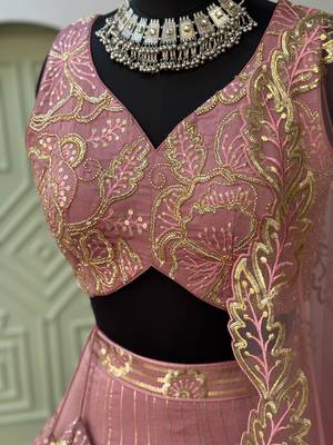 Baby pink Zari and Sequins Embroidered Fancy Fabric indian designer wedding Lehenga Choli dress 7