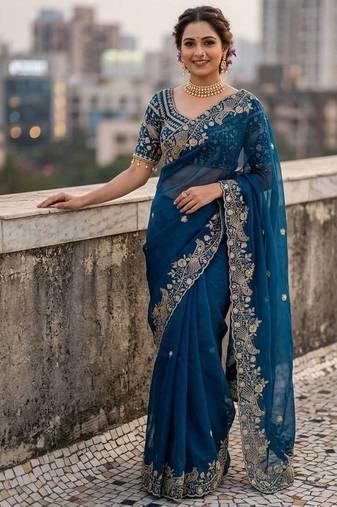 Blue Color Sequins and zari embroidery work Satin Saree