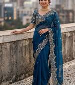 Blue Color Sequins and zari embroidery work Satin Saree