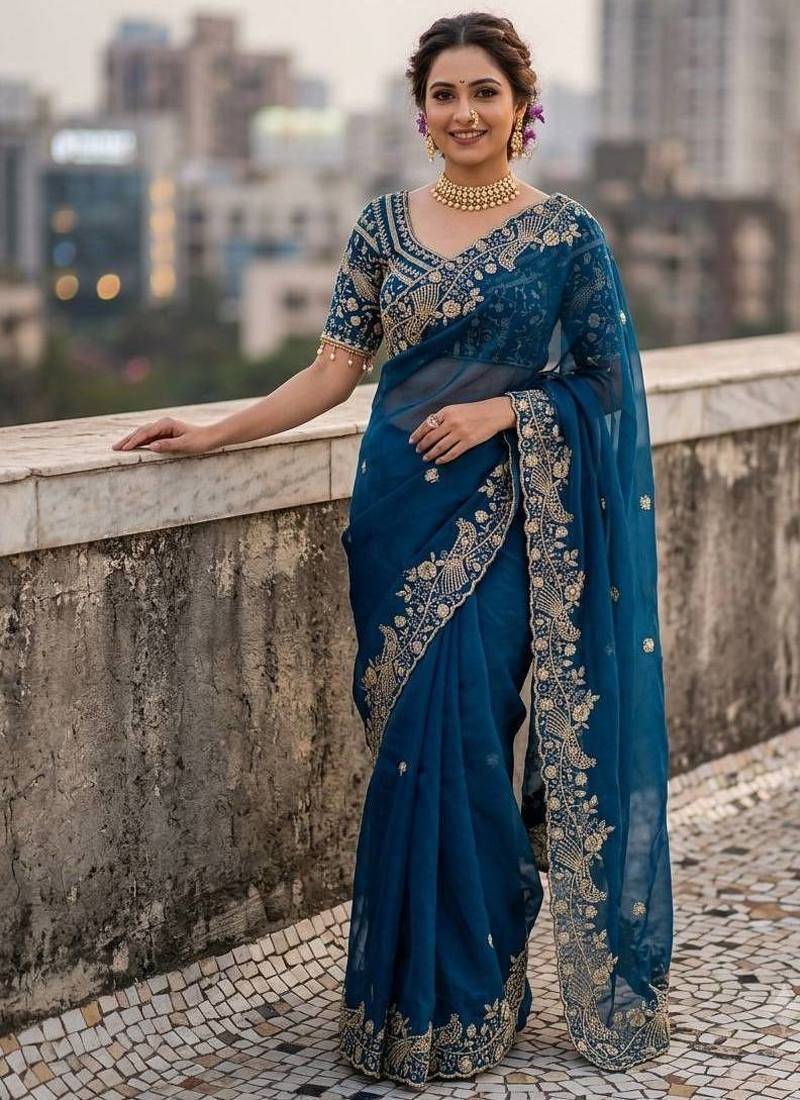Blue Color Sequins and zari embroidery work Satin Saree