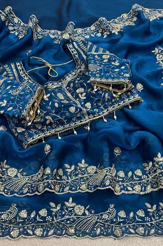 Blue Color Sequins and zari embroidery work Satin Saree