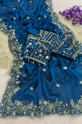Blue Color Sequins and zari embroidery work Satin Saree
