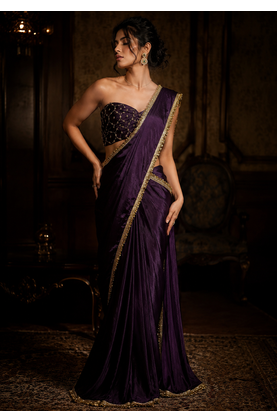 Designer Chinon Saree Decorated With Readymade Gold Sequence Lace  And Sequence Embroidered Unstitched  Blouse Piece 1