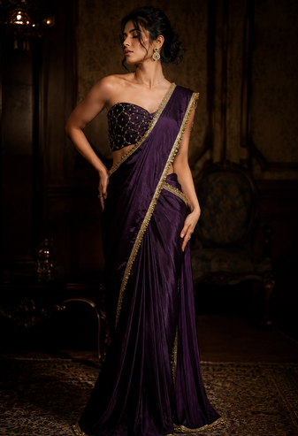 Designer Chinon Saree Decorated With Readymade Gold Sequence Lace  And Sequence Embroidered Unstitched  Blouse Piece