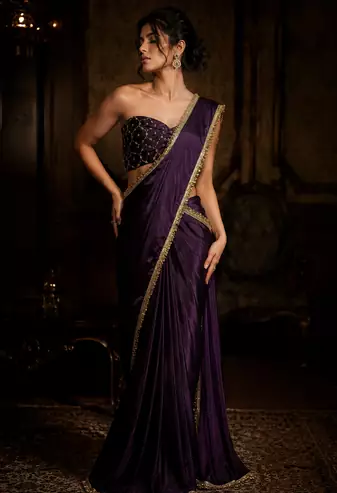 Designer Chinon Saree Decorated With Readymade Gold Sequence Lace  And Sequence Embroidered Unstitched  Blouse Piece
