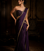 Designer Chinon Saree Decorated With Readymade Gold Sequence Lace  And Sequence Embroidered Unstitched  Blouse Piece