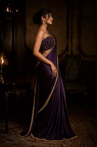 Designer Chinon Saree Decorated With Readymade Gold Sequence Lace  And Sequence Embroidered Unstitched  Blouse Piece