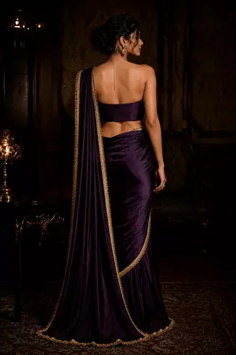 Designer Chinon Saree Decorated With Readymade Gold Sequence Lace  And Sequence Embroidered Unstitched  Blouse Piece