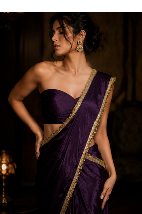 Designer Chinon Saree Decorated With Readymade Gold Sequence Lace  And Sequence Embroidered Unstitched  Blouse Piece 4
