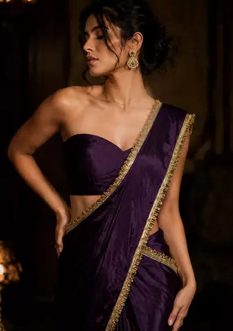 Designer Chinon Saree Decorated With Readymade Gold Sequence Lace  And Sequence Embroidered Unstitched  Blouse Piece